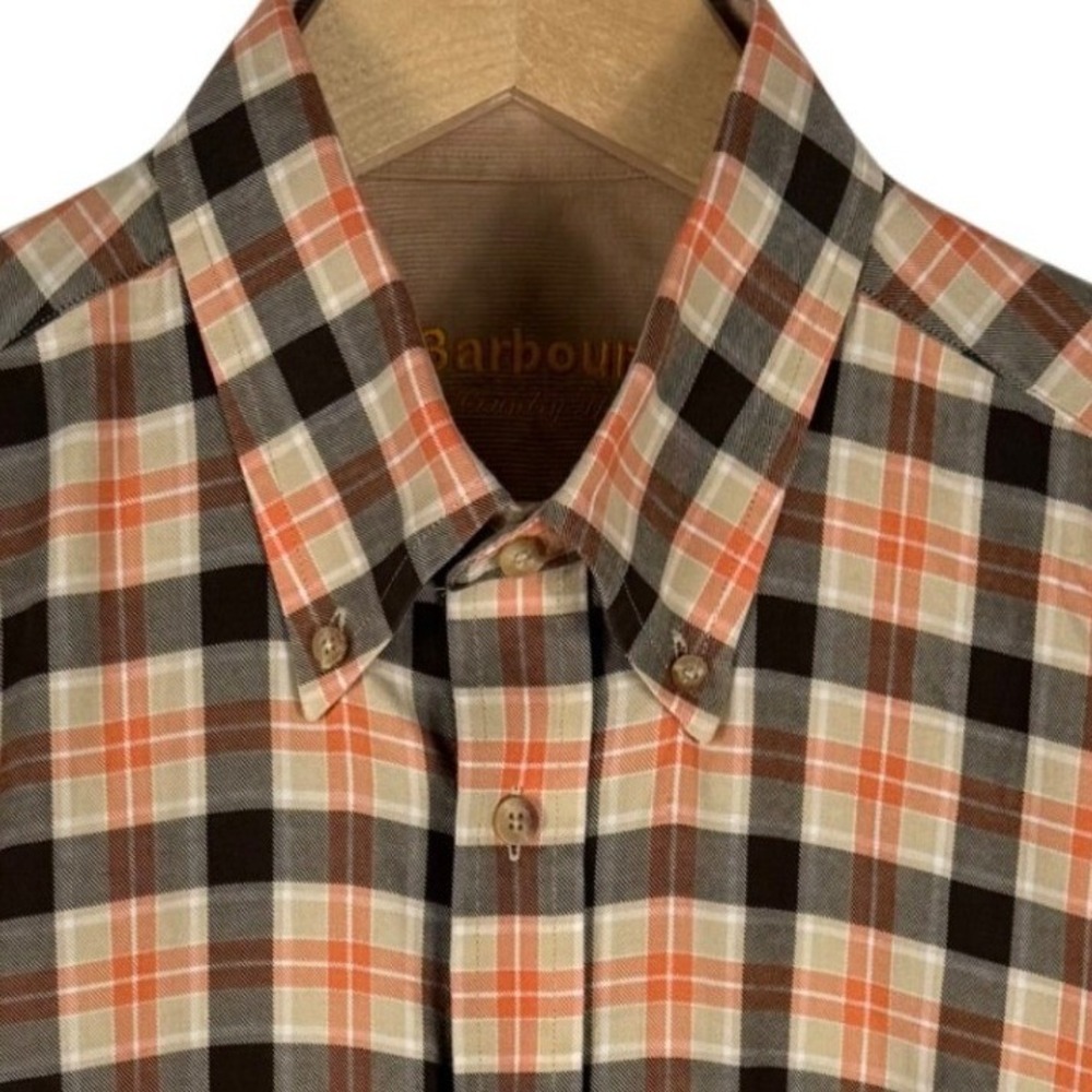 Barbour Country Shirt Mens L Orange Black Plaid Button Down Corduroy Trim
